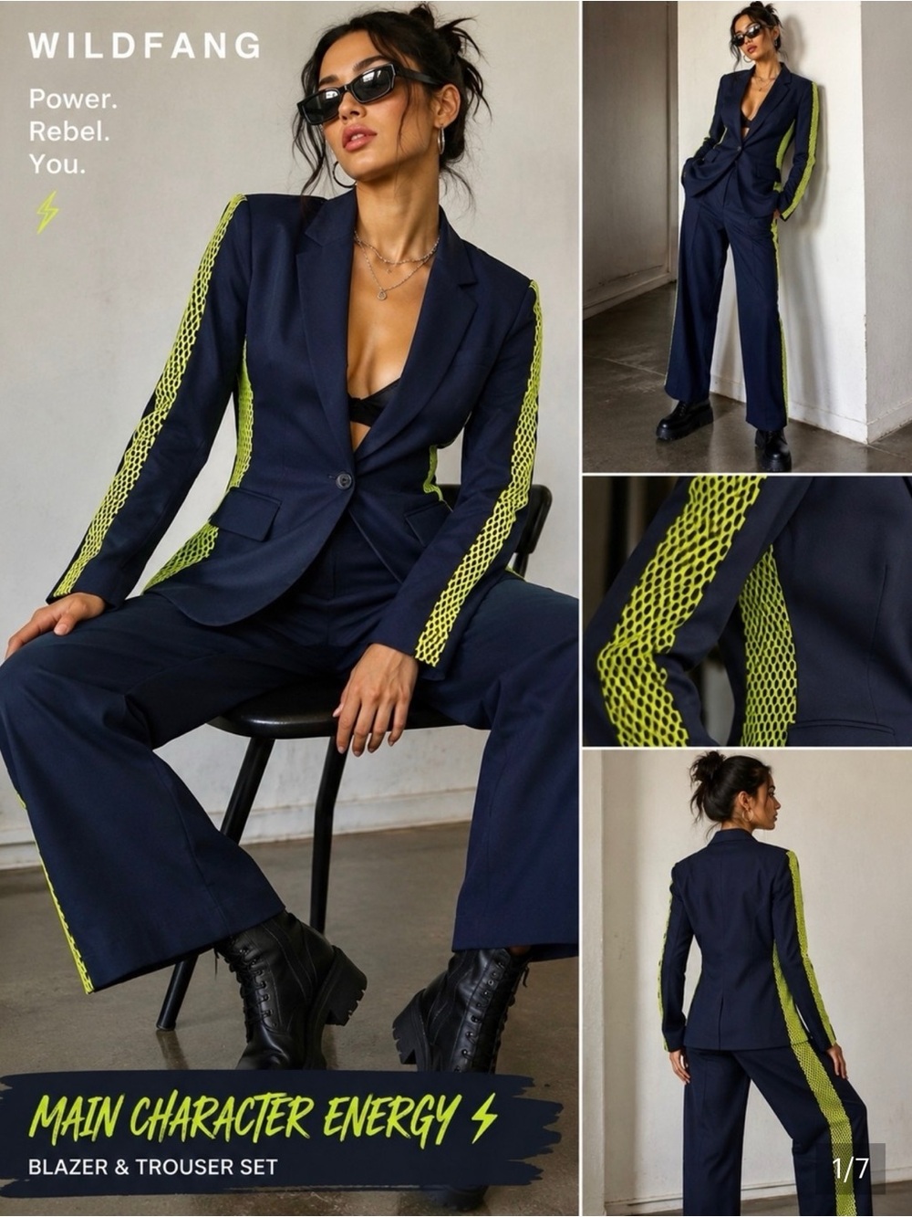 Wildfang Navy Blazer & Trouser Set with Neon Green Side Stripe + 3 Shirts!! XL